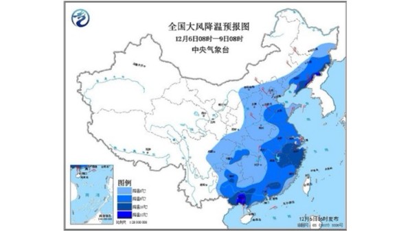 全國(guó)大風(fēng)降溫預(yù)報(bào)圖（12月6日08時(shí)-9日08時(shí)）