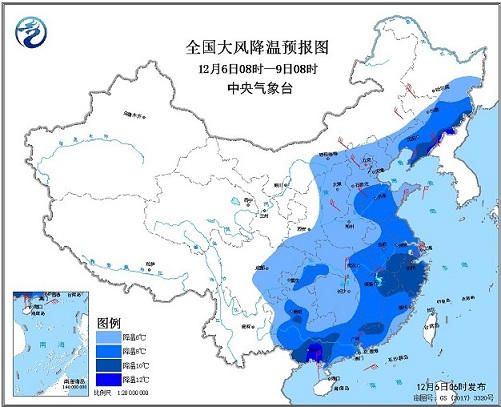 全國大風(fēng)降溫預(yù)報(bào)圖（12月6日08時(shí)-9日08時(shí)）